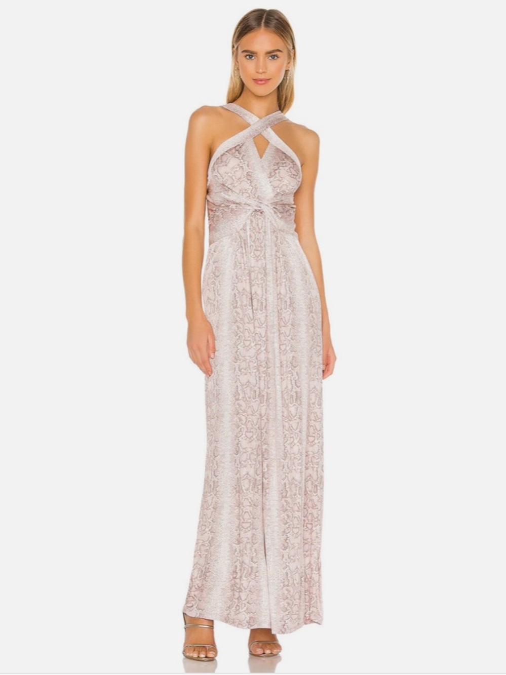 BCBGMaxAzria Cross Front Maxi Dress Size XS Bare Pink Python Halter Resortwear